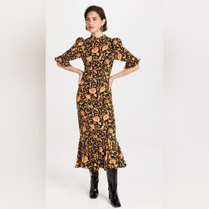 RHODE $595 Felix Midi Dress in Baroque Heart Floral Gold